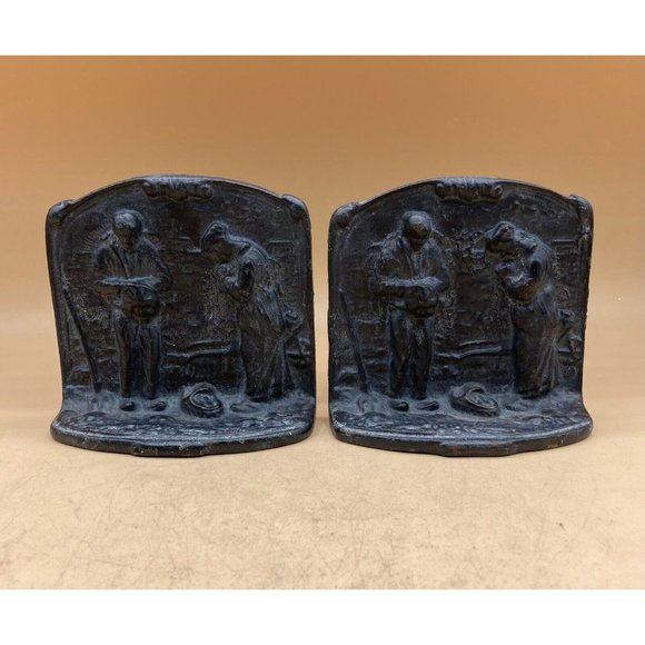 Folk Art Cast Iron Bookends Man & Woman Farming Praying for Harvest Time - Picture 2 of 7